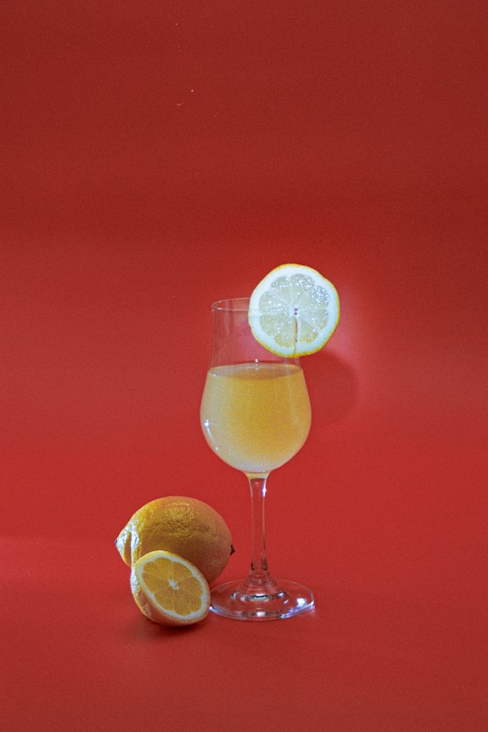 A citrus cocktail garnished with lemon on a vibrant red background, perfect for summer refreshment visuals.