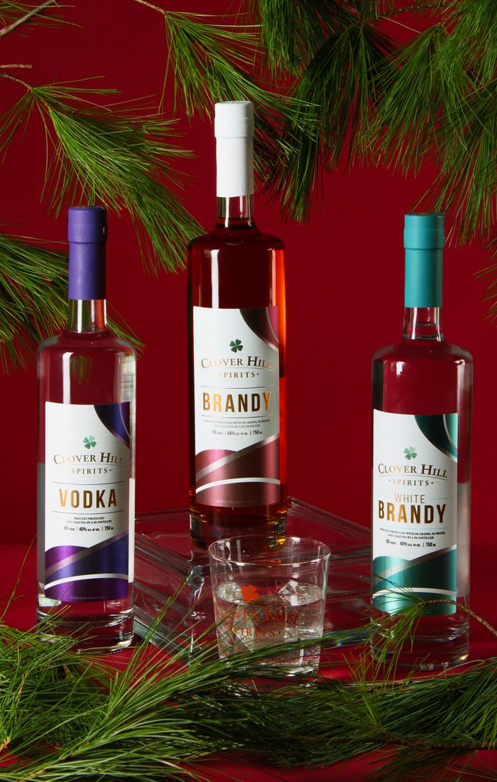 Array of brandy and vodka bottles with pine branches on red background, perfect for holiday themes.